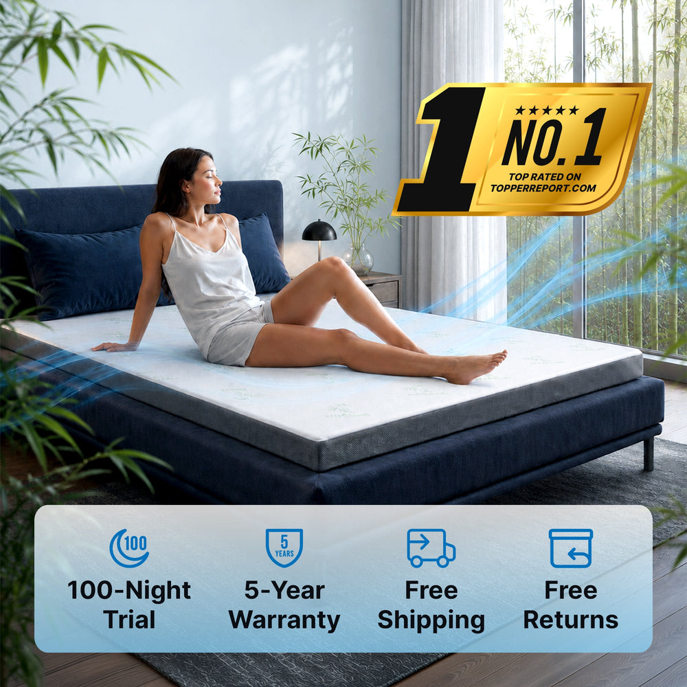 Couple resting on a bed with the Dolveo mattress topper